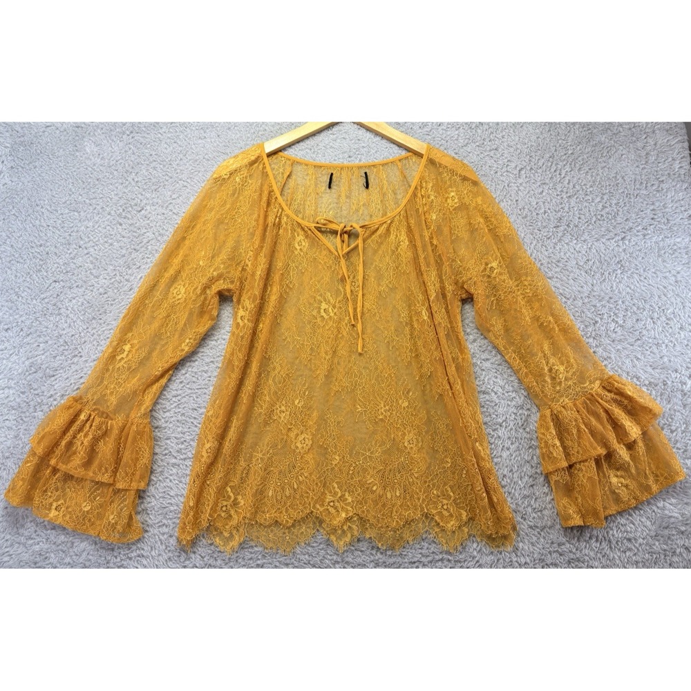 Womens XL Yellow Floral Lace Top Sheer Ruffle Sleeve Peasant Boho Fairycore - Picture 5 of 9